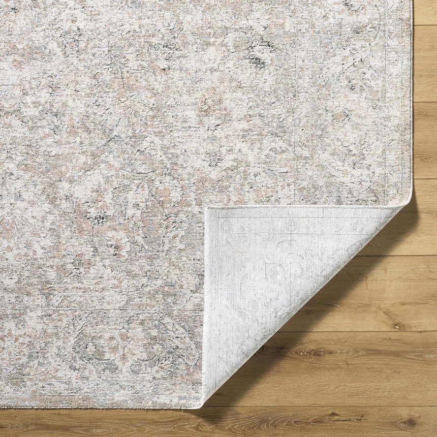 Close-up of the Azania Area Rug, a cream, light sage, and slate blue farmhouse style rug with a traditional pattern. Fold