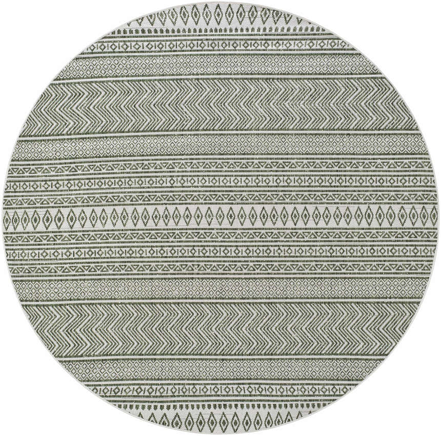 Close-up of Madras Natural Gray Green All Over Performance Area Rug with geometric patterns and farmhouse style. Design-Round-67