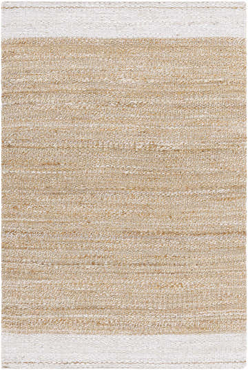 Close-up of the hand woven Aderyn Jute Area Rug. Jute rug with a tan and pearl stripe border. Design-Rectangle-576