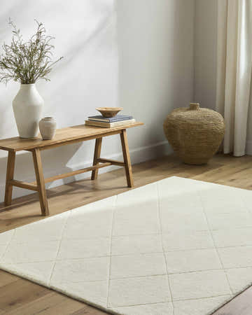 Farmhouse living room with off-white Almeda Washable Wool Area Rug, wood bench, and woven basket. Roomscene-Rectangle
