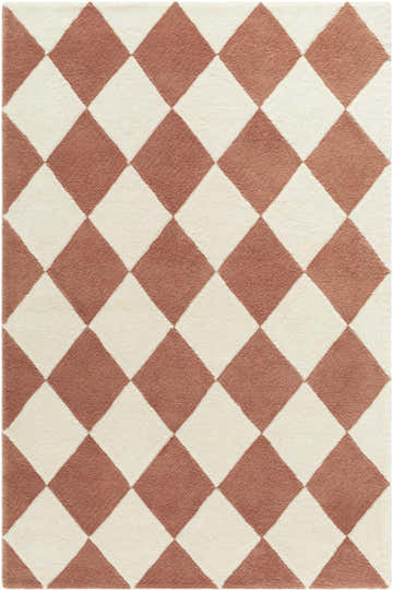 Close-up of the Almeda Diamond Washable Wool Rug featuring a camel and pearl diamond pattern. Design-Rectangle-69