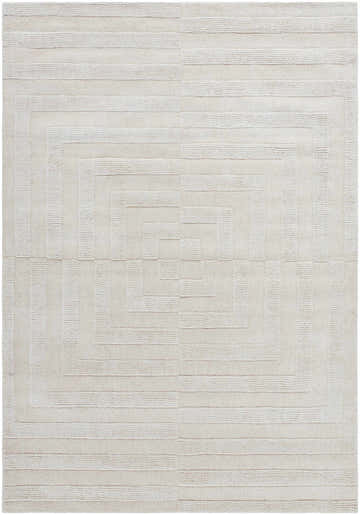 Close-up of the light silver Aretha Area Rug, a hand-loomed wool rug with a geometric, concentric rectangle pattern. Design-Rectangle-5377