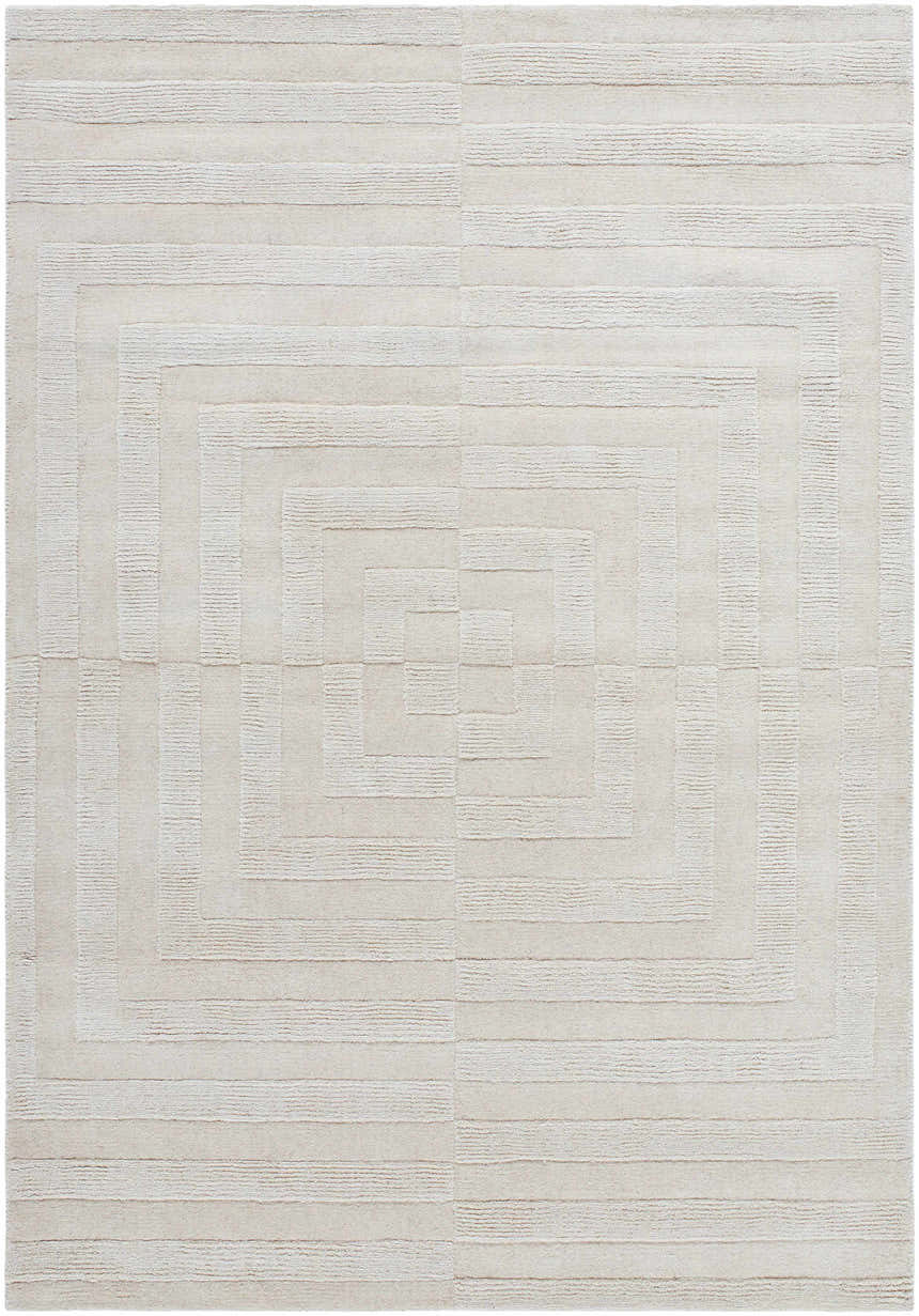 Close-up of the light silver Aretha Area Rug, a hand-loomed wool rug with a geometric, concentric rectangle pattern. Design-Rectangle-5377
