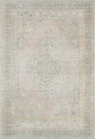 Close-up of the Luciana I Traditional Medallion Area Rug; hand-tufted polyester with a faded black, brown, and peach medallion pattern. Design-Rectangle