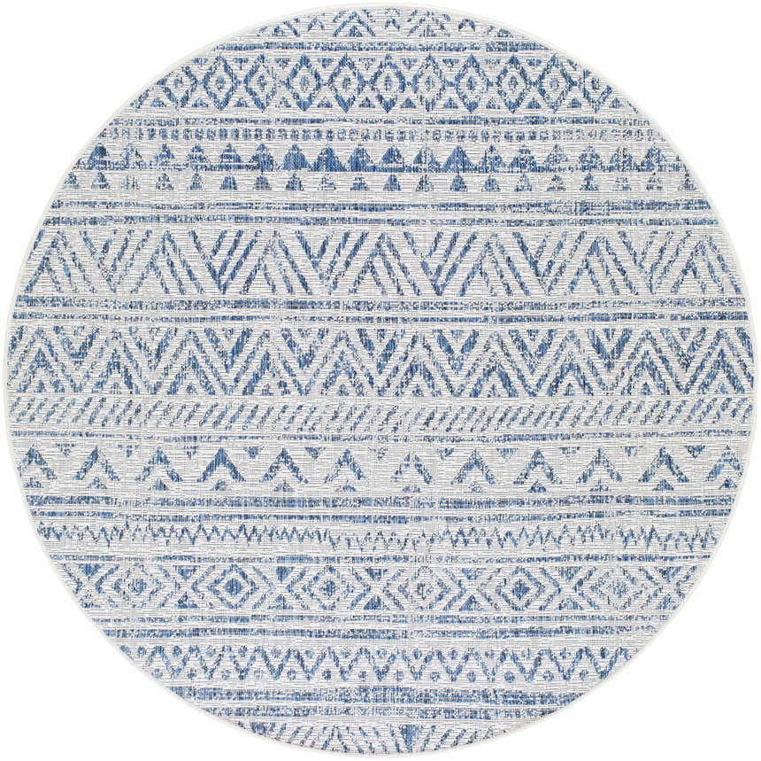 Close-up of the round Novato Navy All Over Pattern Performance Rug, featuring a blue and white geometric design. Design-Round-53