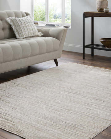 Living room scene with ash-colored Atarah Area Rug, beige sofa, wood floors, and natural light. Roomscene-Rectangle