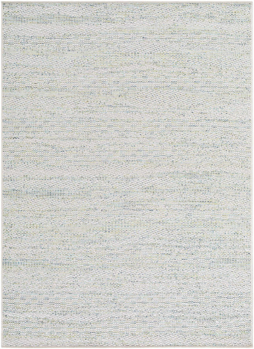 Close-up of the Alezae Ivory Area Rug. Machine woven rug with ivory, light gray, and pale blue hues. Design-Rectangle-57