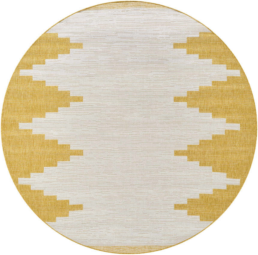 Close-up of round Djugun Yellow Outdoor Rug with geometric beige and white Southwestern pattern. Design-Round-67