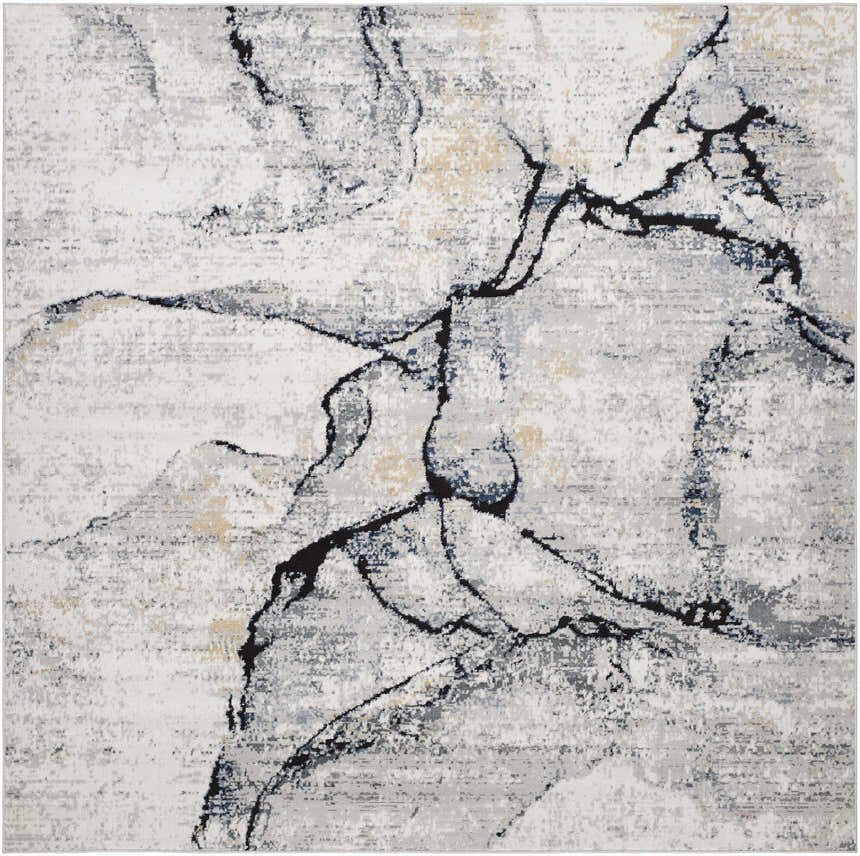 Close-up of the Fremantle Gray Marble Rug featuring a contemporary abstract design in cream, gray, gold, and light blue. Design-Square-710