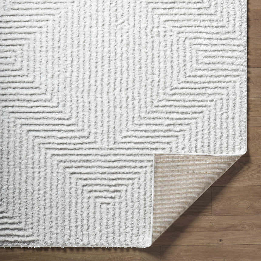 Close-up of the Ashlyn Cream Area Rug showing its shag texture and geometric pattern on wood flooring. Fold