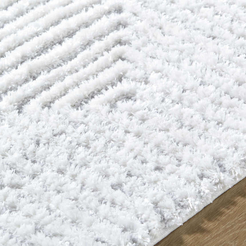 Close-up of the plush Ashlyn Cream Area Rug featuring a subtle geometric pattern and soft, shag texture. Texture