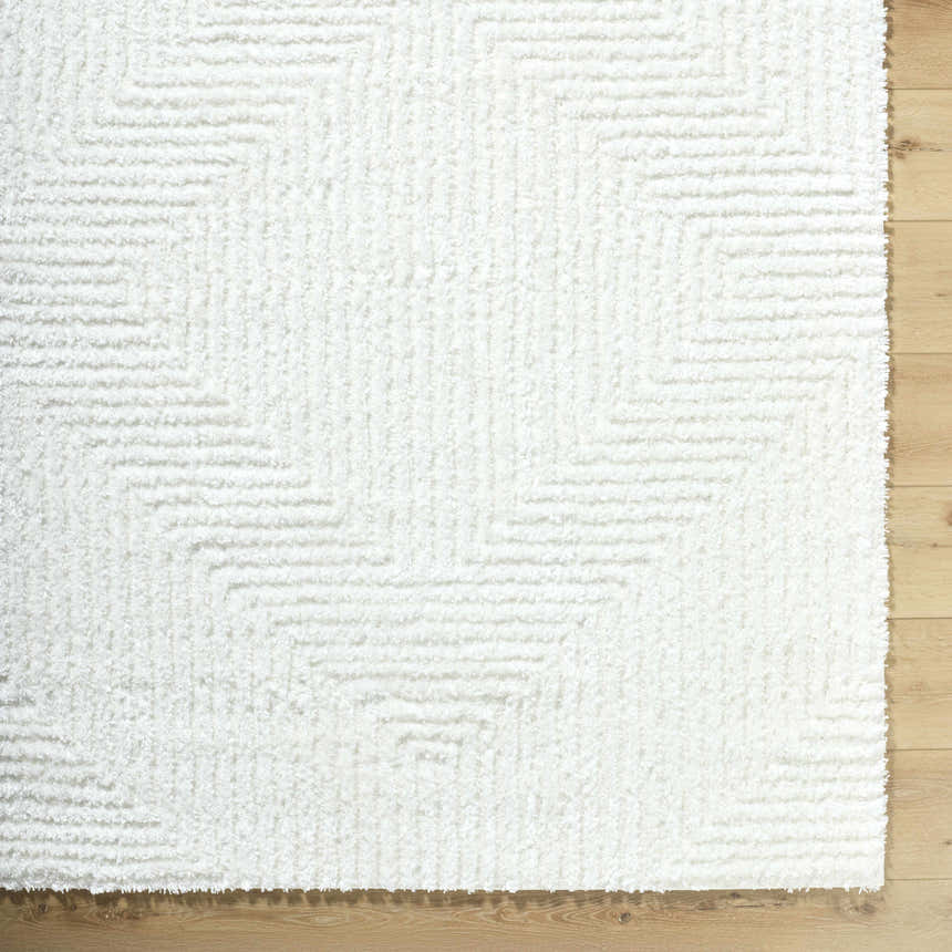 Close-up of the plush, cream Ashlyn White Area Rug featuring a subtle geometric shag pattern on a light wood floor. Corner