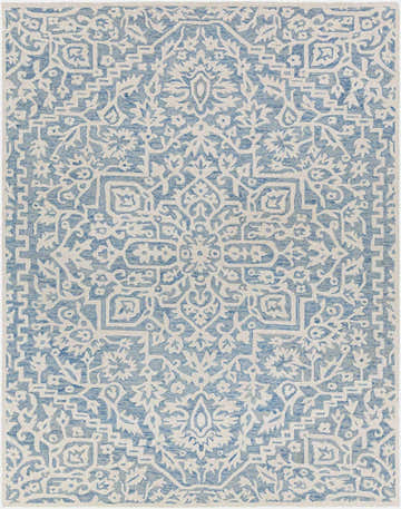 Close-up of the Gagebrook Blue Wool Area Rug, featuring a cream floral and geometric pattern on a denim blue background. Design-Rectangle-57