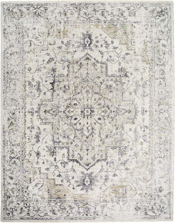 Close-up of the Alissa Cream Area Rug, featuring a traditional floral pattern in cream, charcoal, gray, and tan hues. Design-Rectangle-710102