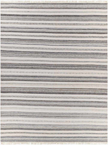 Close-up of the Geographe Indoor & Outdoor Rug. Hand woven with a striped pattern in black, brown, and light beige. Design-Rectangle