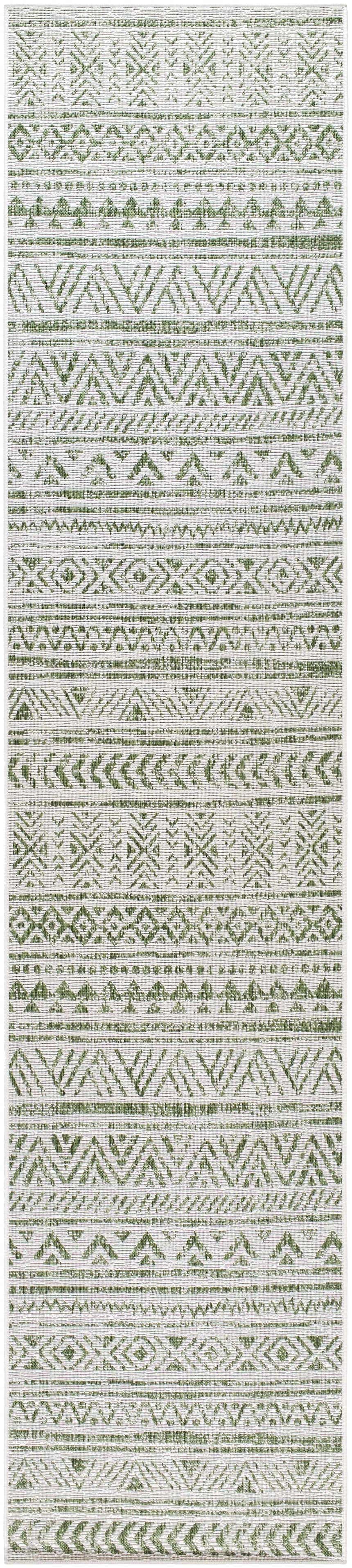 Close-up of the Novato Olive All Over Pattern Performance Rug. Features a farmhouse style geometric design in olive green and light gray. Design-Runner-2712