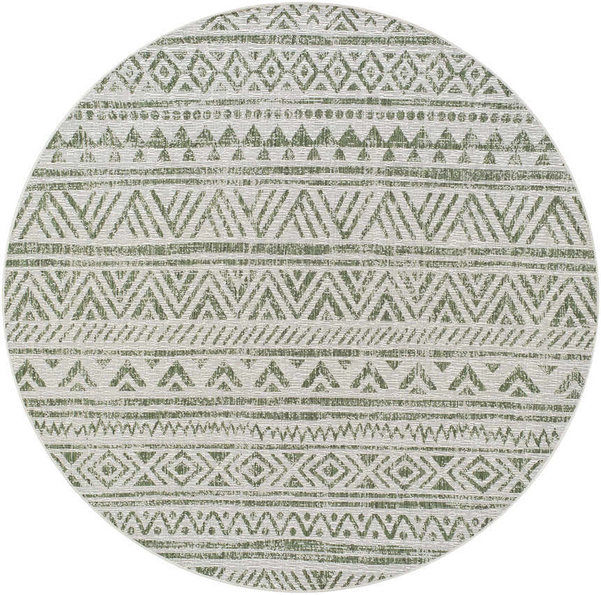 Close-up of the round Novato Olive rug, showcasing its olive green geometric all-over pattern on a light gray background. Design-Round-67