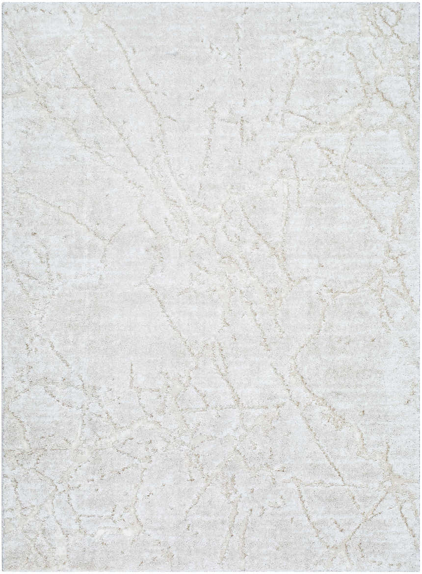Close-up of the Genkei Light Gray Area Rug, featuring a subtle beige and ivory abstract pattern and soft texture. Design-Rectangle-5373