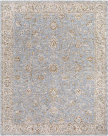 Close-up of the Avivit Sage Area Rug; a traditional rug in blue, cream, sage, and tan with a floral pattern and decorative border. Design-Rectangle-710102