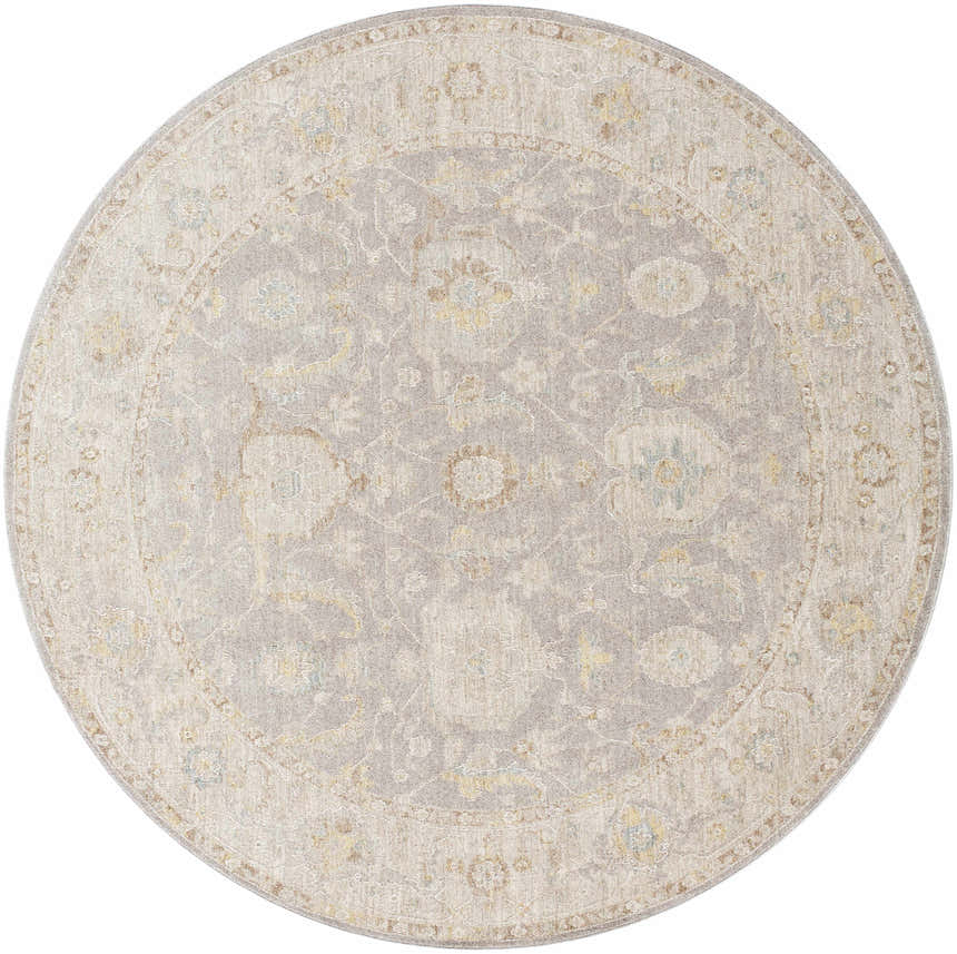 Close-up of a round Giang Thick Luxe Area Rug in beige and gray with a traditional floral pattern. Design-Round-67