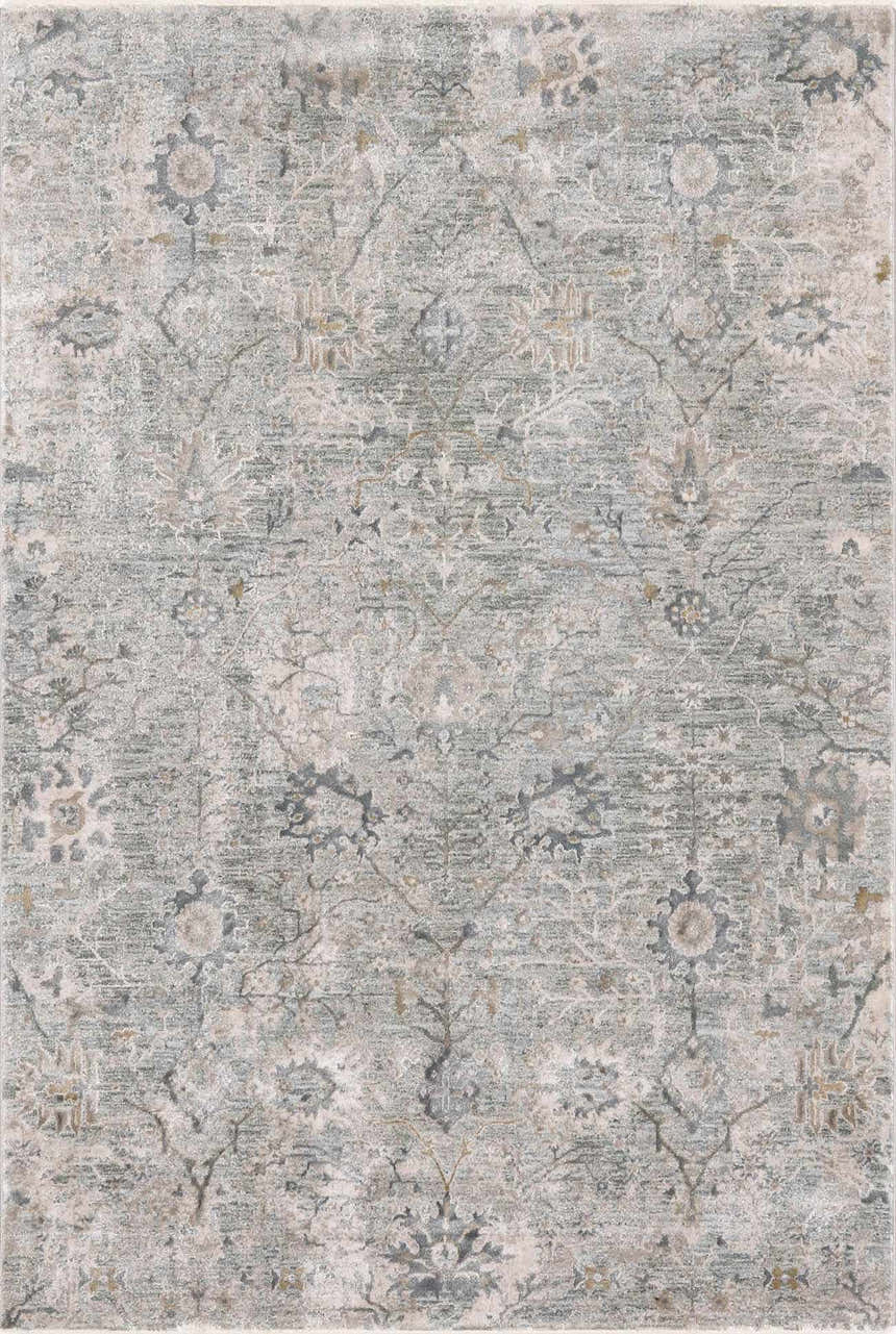 Close-up of the Gilmanton Thick Luxe Boutique Rug. Features a traditional floral pattern in dusty sage, gray, and beige tones. Design-Rectangle