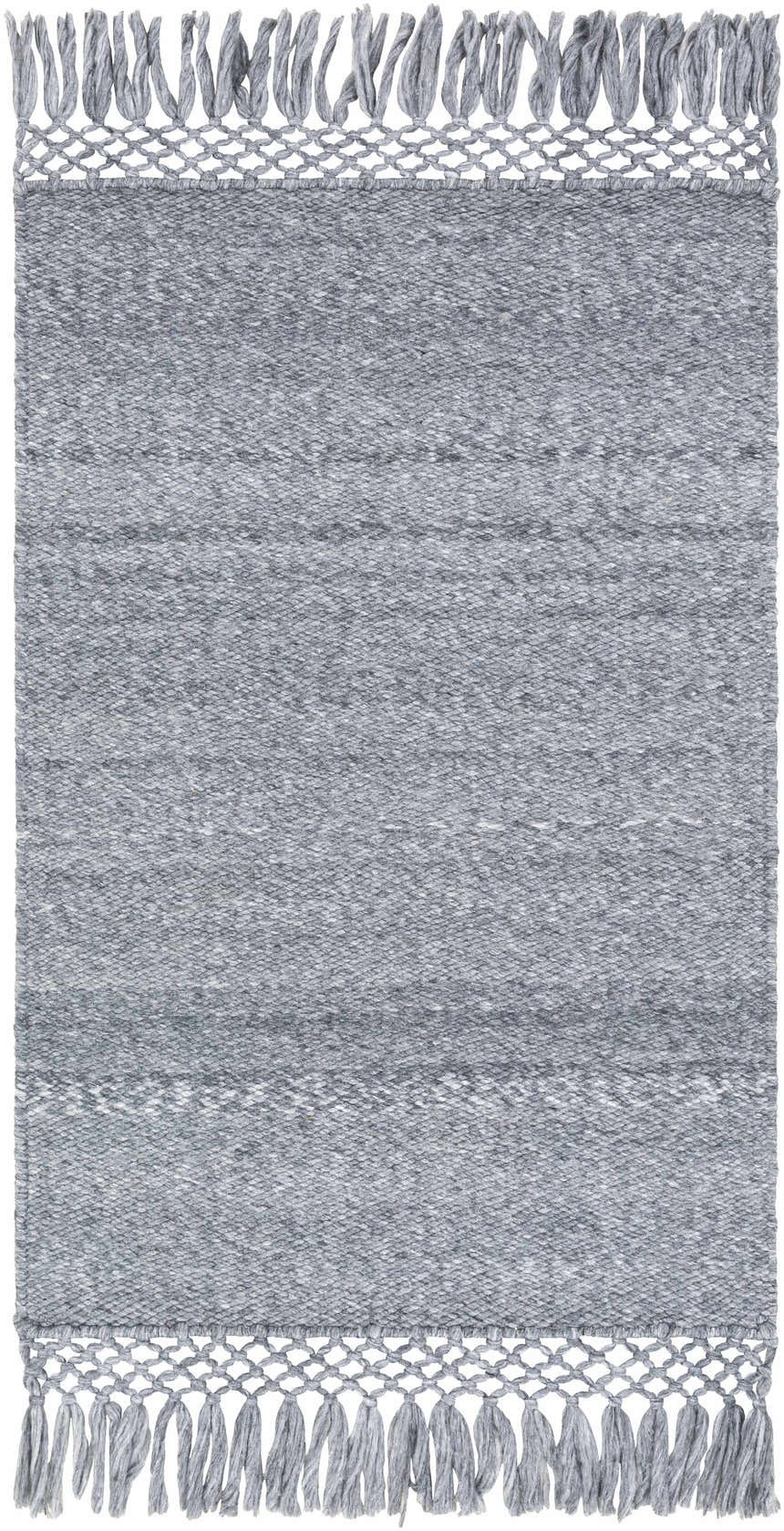 Close-up of the slate blue Eagletown Area Rug. Hand-woven recycled PET yarn with knotted fringe detail. Design-Rectangle-23
