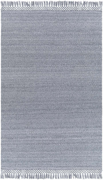 Close-up of the hand woven Eagletown Area Rug. Slate and slate blue recycled PET yarn rug with a knotted fringe. Design-Rectangle-576