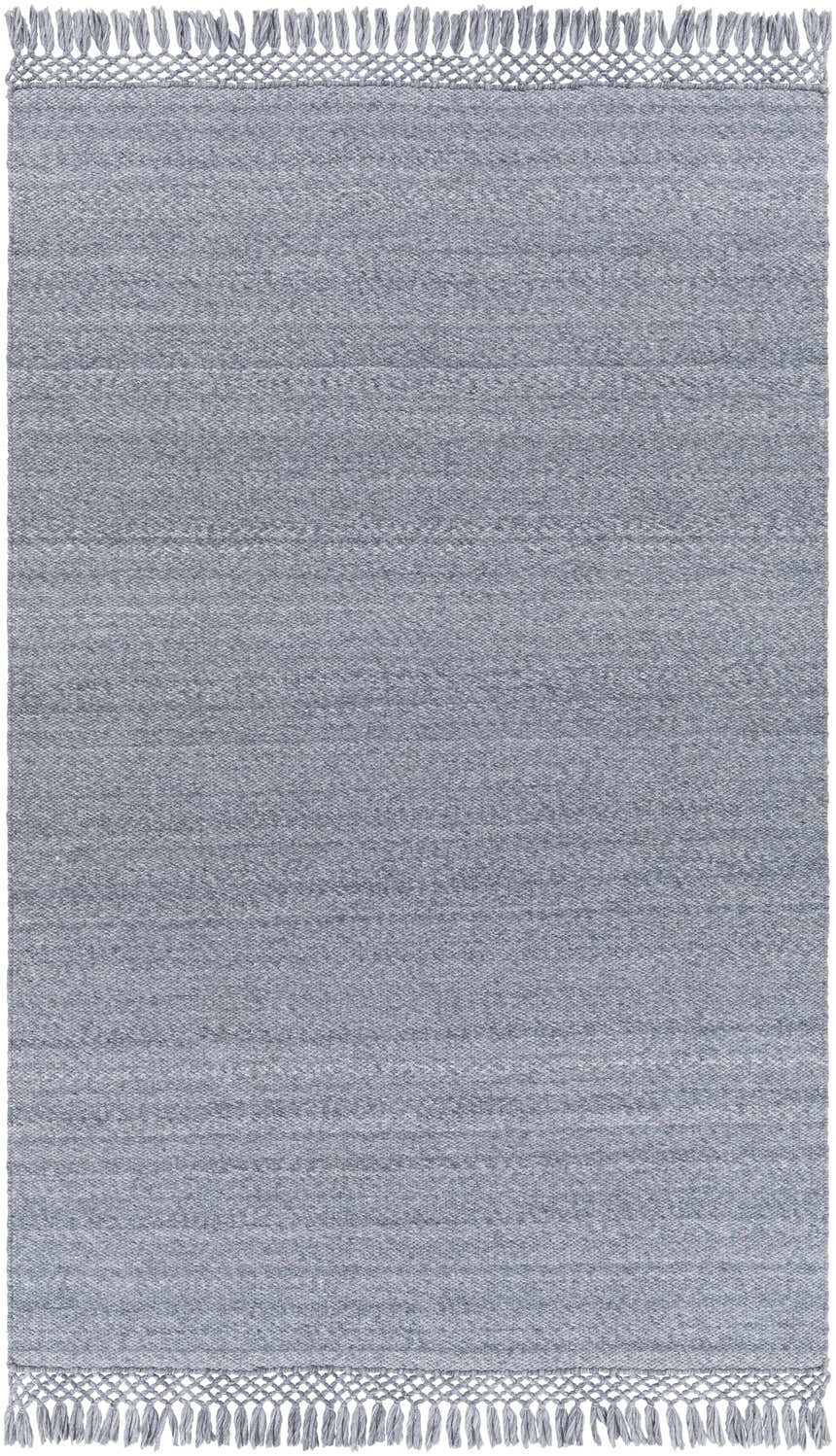 Close-up of the hand woven Eagletown Area Rug. Slate and slate blue recycled PET yarn rug with a knotted fringe. Design-Rectangle-576