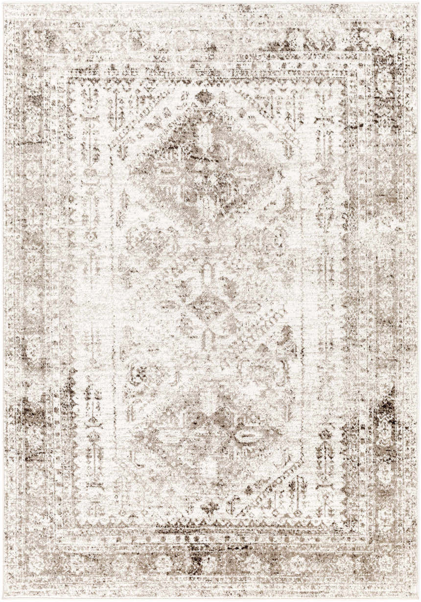 Close-up of the Gali Area Rug showcasing its traditional, faded driftwood pattern and cream and brown color palette. Design-Rectangle-5373