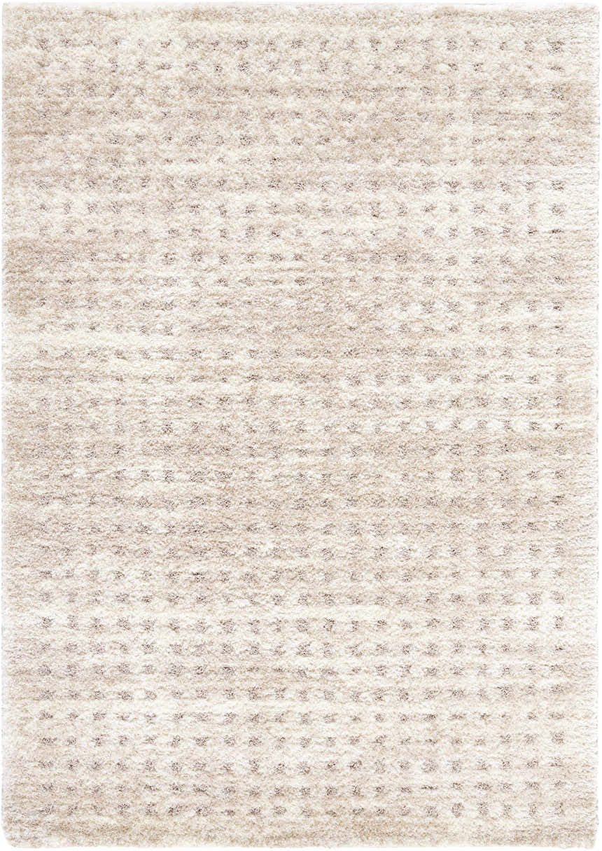 Close-up of the Armand Luxe Shag Rug. Cream and ivory tones with subtle peach accents create a soft, textured design. Design-Rectangle-537