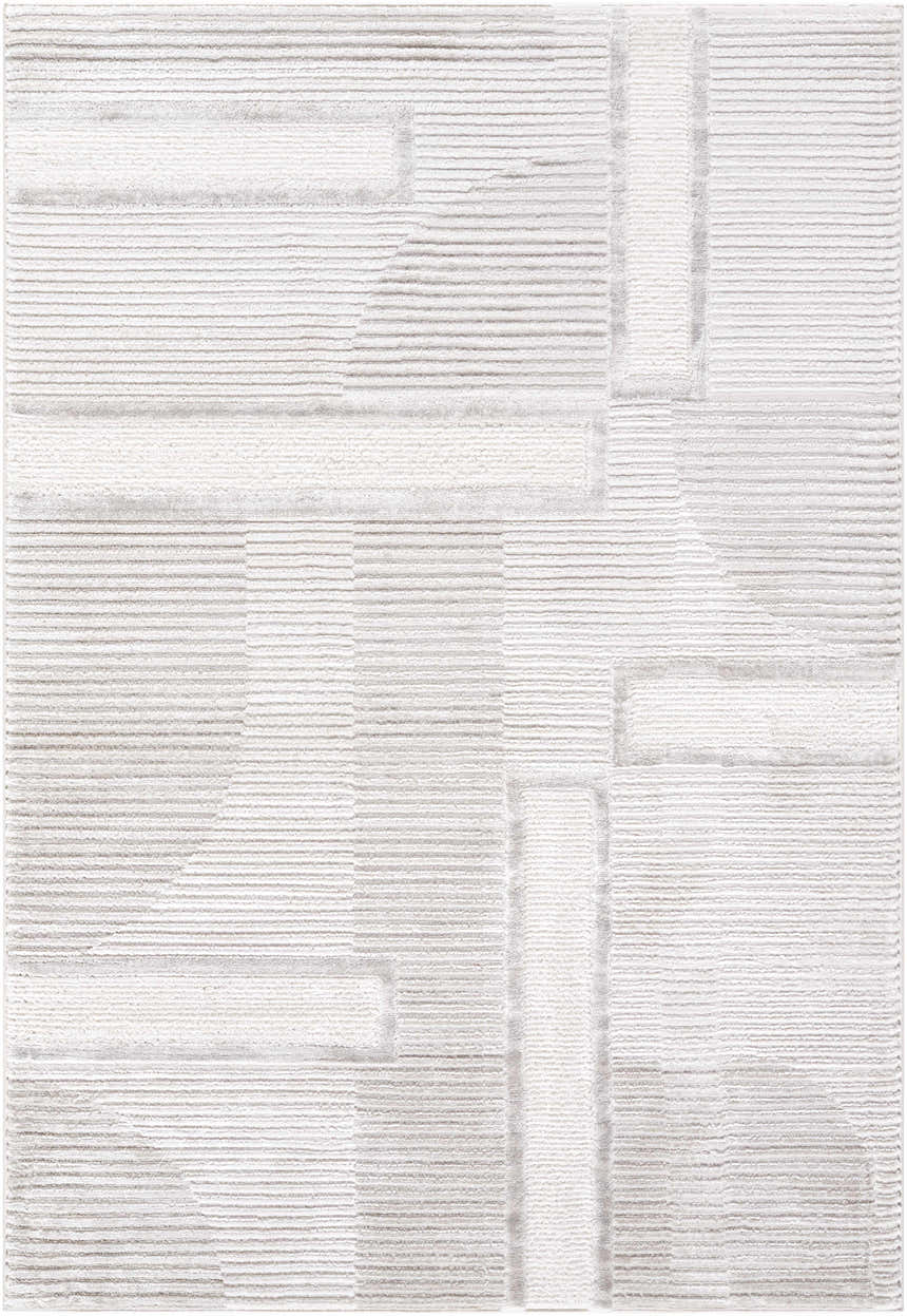 Close-up of the Atalie Area Rug featuring a contemporary geometric pattern in cream, ivory, and light gray. Design-Rectangle-537
