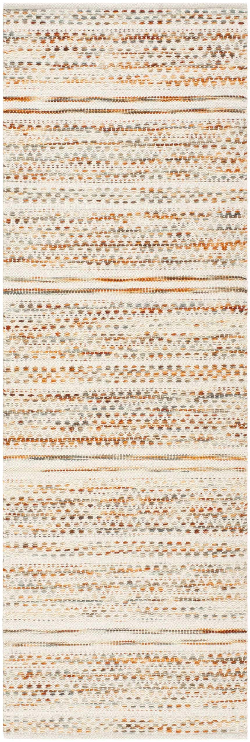 Close-up of the Griet Hand Woven Wool Rug. Beige, bone, camel, and copper tones create a farmhouse-style horizontal stripe pattern. Design-Runner-268