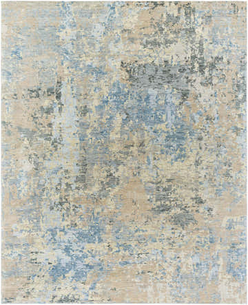 Close-up of the Greenhills Handmade Wool Area Rug, featuring beige, charcoal, and blue abstract patterns. Design-Rectangle-810