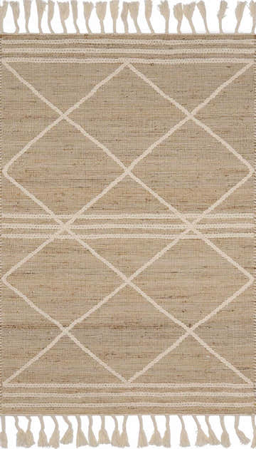Close-up of the Gulnur Natural Jute & Wool Trellis Rug, featuring a cream trellis pattern on a tan jute weave with fringe. Design-Rectangle-58