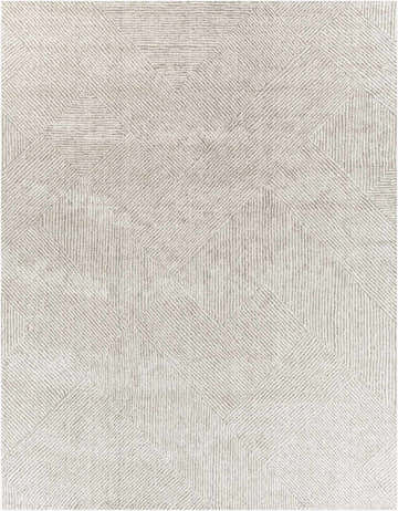 Close-up of the Horsley Area Rug. Contemporary geometric design in charcoal, cream, light beige, and light gray. Design-Rectangle