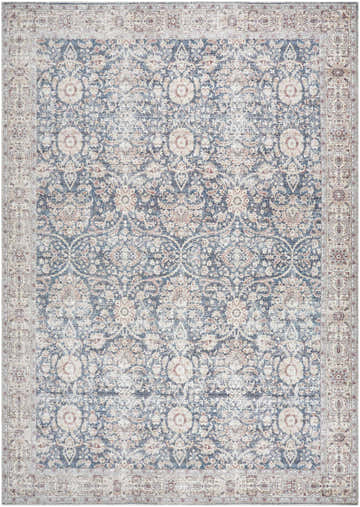 Close-up of the Andrei Area Rug - Vivir x Livabliss, featuring a traditional floral pattern in beige, blue, and dark brown tones. Design-Rectangle