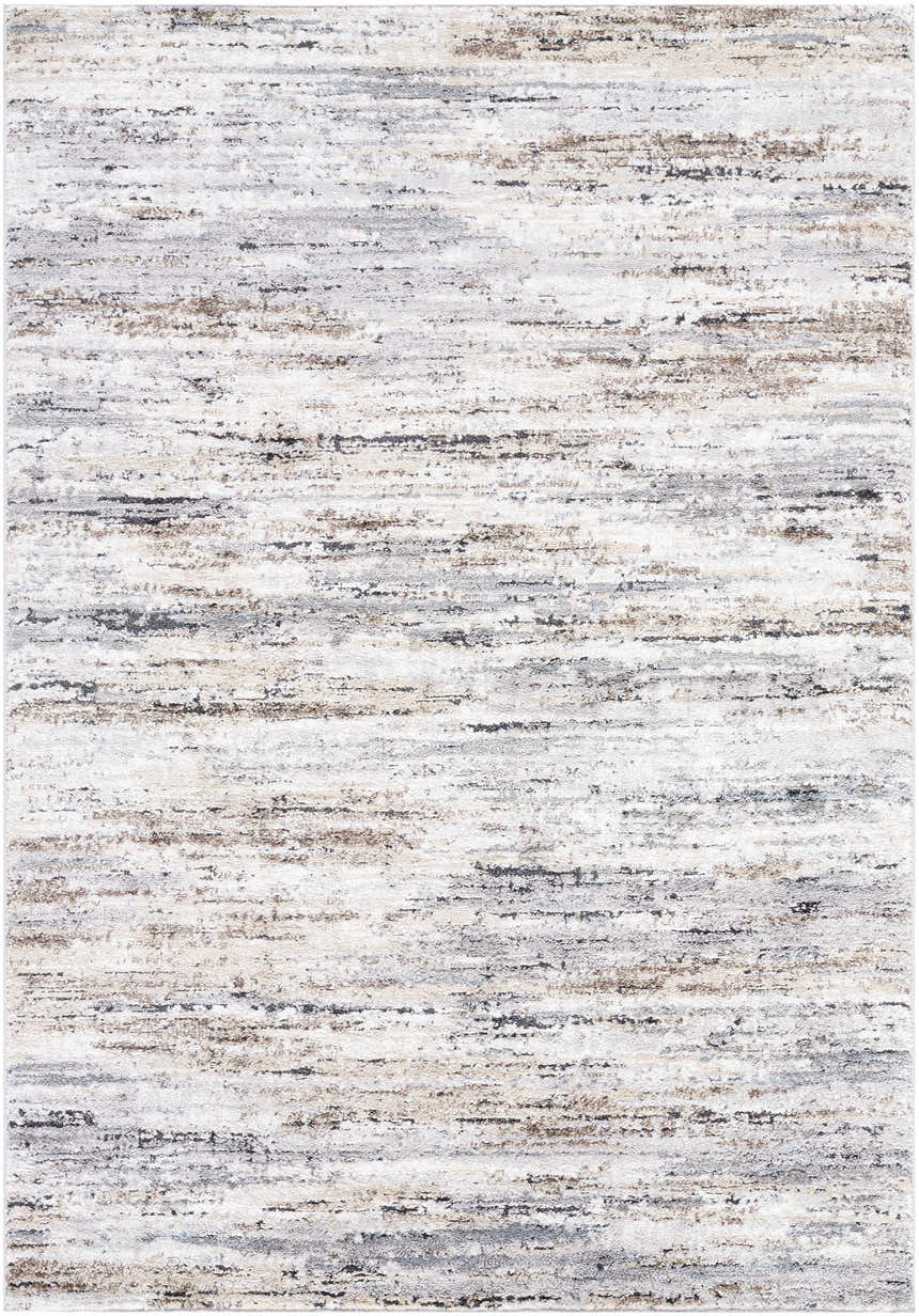 Close-up of the Aurera Area Rug. Contemporary design with black, ivory, gray, and brown horizontal striations. Design-Rectangle-5373