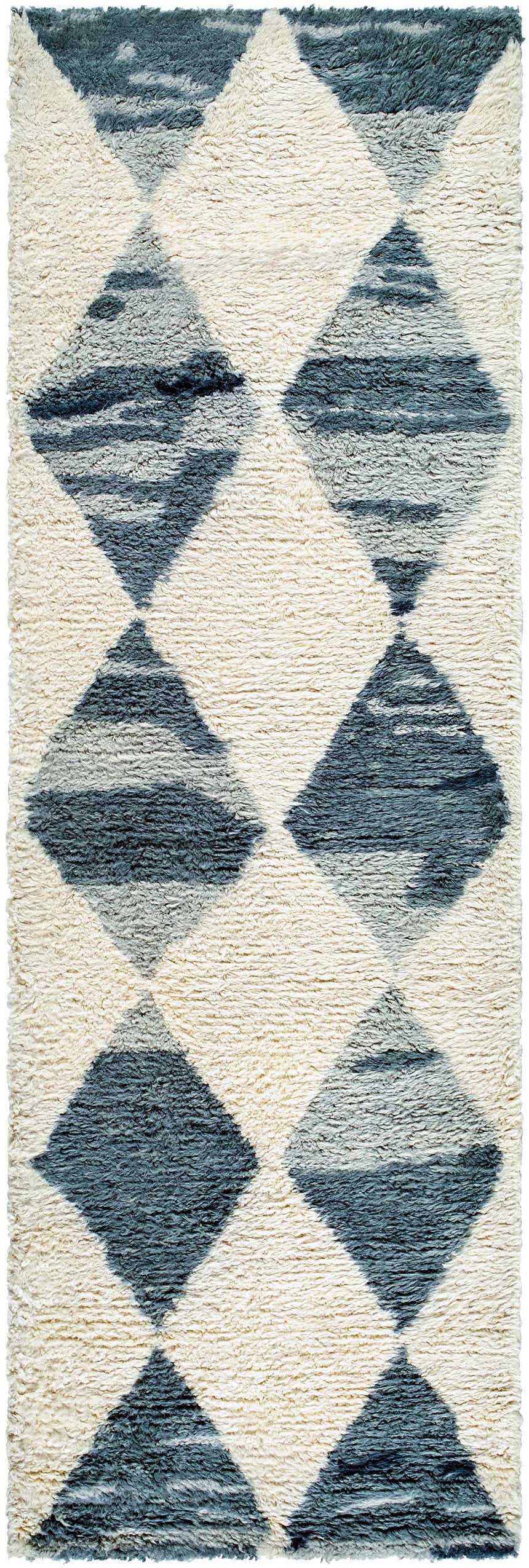 Close-up of the Azaria Baklava Wool Rug, featuring a diamond pattern in gray, light silver, and cream hues. Hand-tufted texture. Design-Runner-268