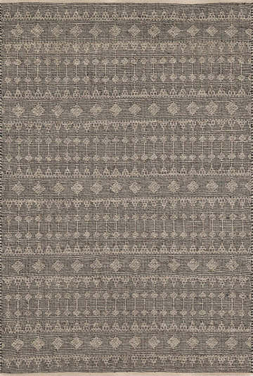 Close-up of the Hanston Handmade Faux Silk Rug. Cream and beige rug with a dark blue geometric pattern and hand woven texture. Design-Rectangle