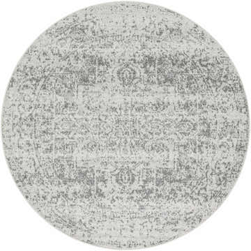 Close-up of the Livabliss Harput HAP-1024 round area rug. Charcoal, medium gray, and off-white traditional pattern. Design-Round-53