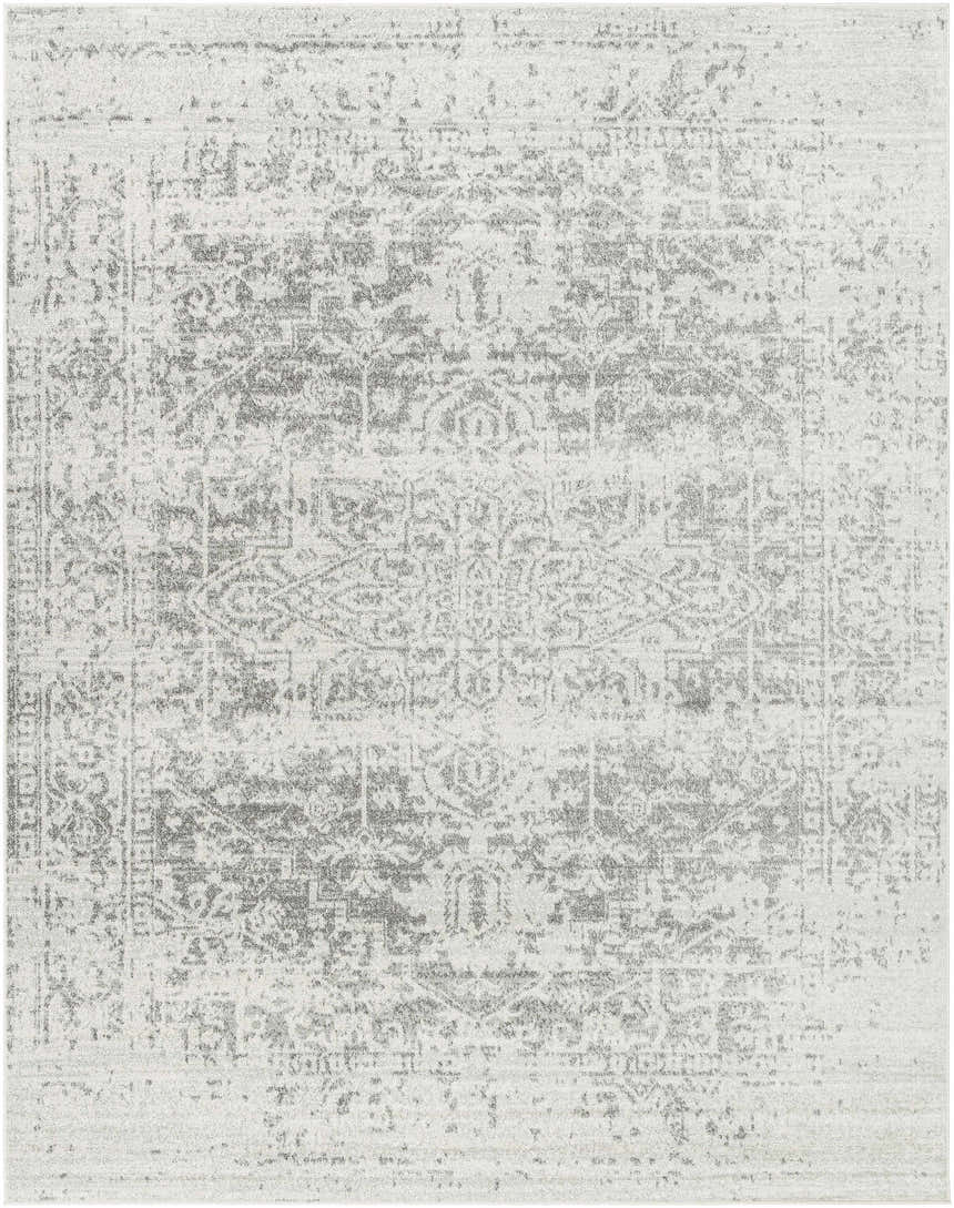 Close-up of the Livabliss Harput HAP-1024 area rug. Charcoal and off-white farmhouse style traditional rug. Design-Rectangle-710103
