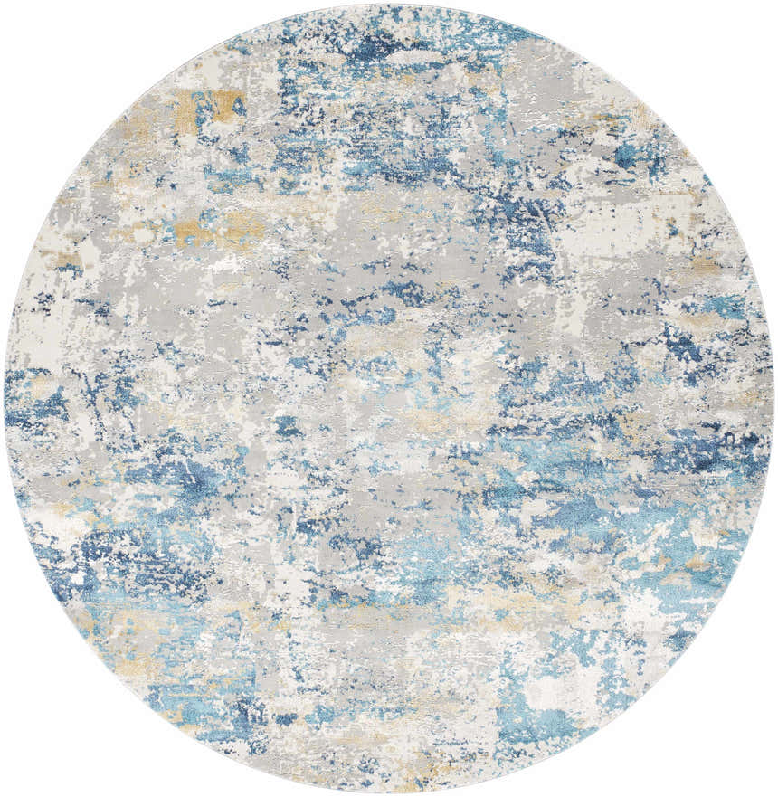 Round Hawes Faux Silk Rug - Clearance. Abstract design in light blue, gray, mustard, and off-white. Viscose rug texture. Design-Round-67