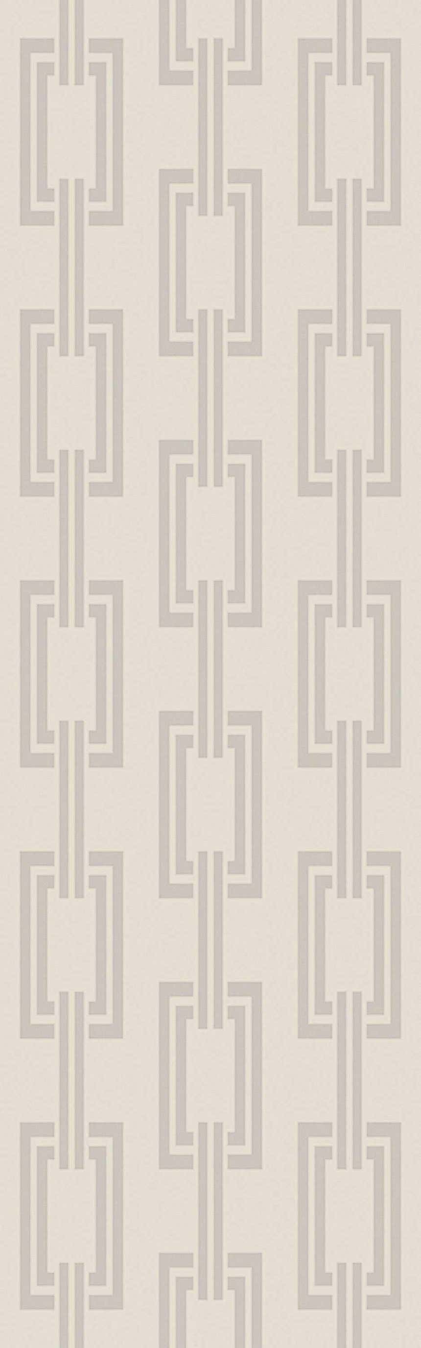 Close-up of the beige Hazlet Area Rug featuring a gray, geometric chain-link pattern. Hand woven wool rug. Design-Runner-268