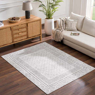 Living room scene with Burdette Washable Area Rug in charcoal and light beige, styled with a sofa, wood cabinet, and potted plant. Roomscene-Rectangle