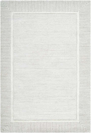 Close up of the hand-tufted Hiroto Ivory Area Rug. Cream and light taupe wool rug with a striped border. Design-Rectangle-576