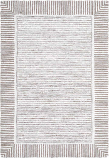 Close-up of the hand-tufted Hiroto Sandstone Area Rug, featuring ivory, sandstone, and taupe horizontal stripes. Design-Rectangle-576
