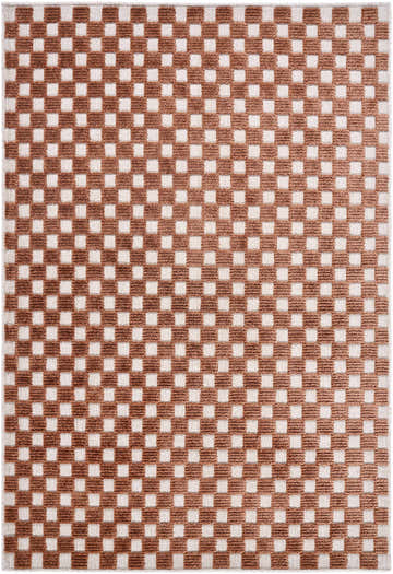 Close-up of the Anthea White Washable Area Rug. Features a contemporary brown and white checkerboard pattern. Design-Rectangle-57