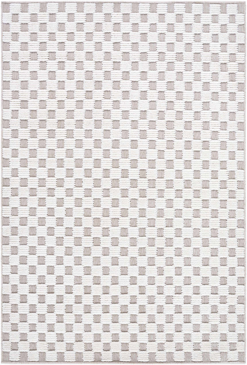 Close-up of the Anthea Light Gray Washable Area Rug featuring a woven square pattern in light gray and white. Design-Rectangle-57