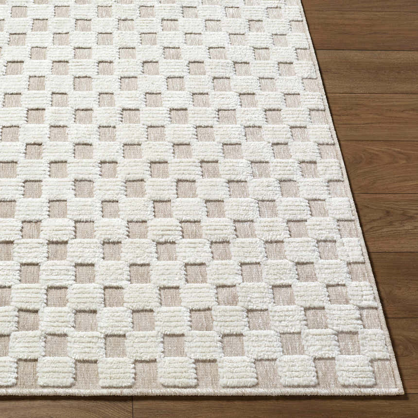 Close-up of the Anthea Light Gray Washable Area Rug showing a woven checkerboard pattern and textured pile. Front