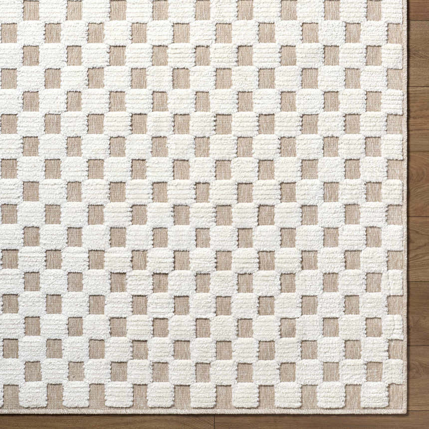 Close-up of the Anthea Light Gray Washable Area Rug featuring a textured white and light gray checkerboard pattern. Corner